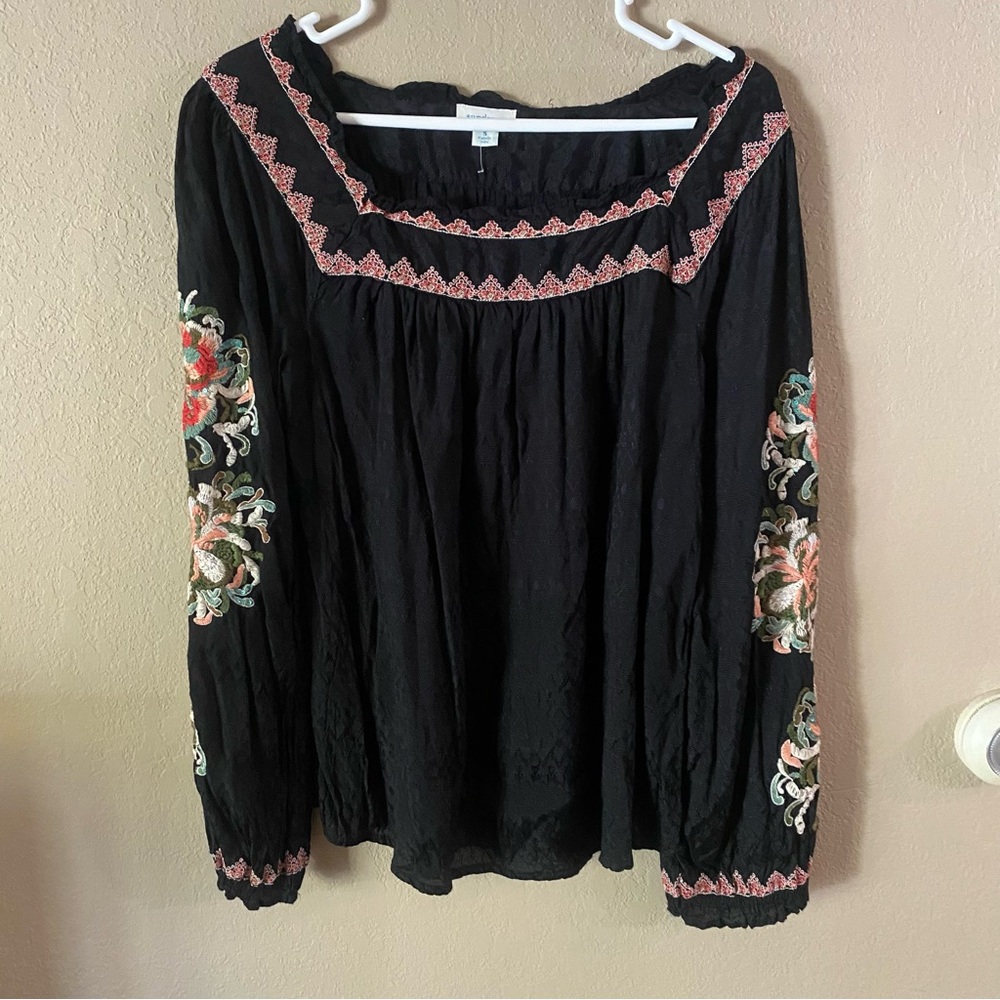 Sundance Black Embroidered Square Neck Flowy Long Sleeve Blouse